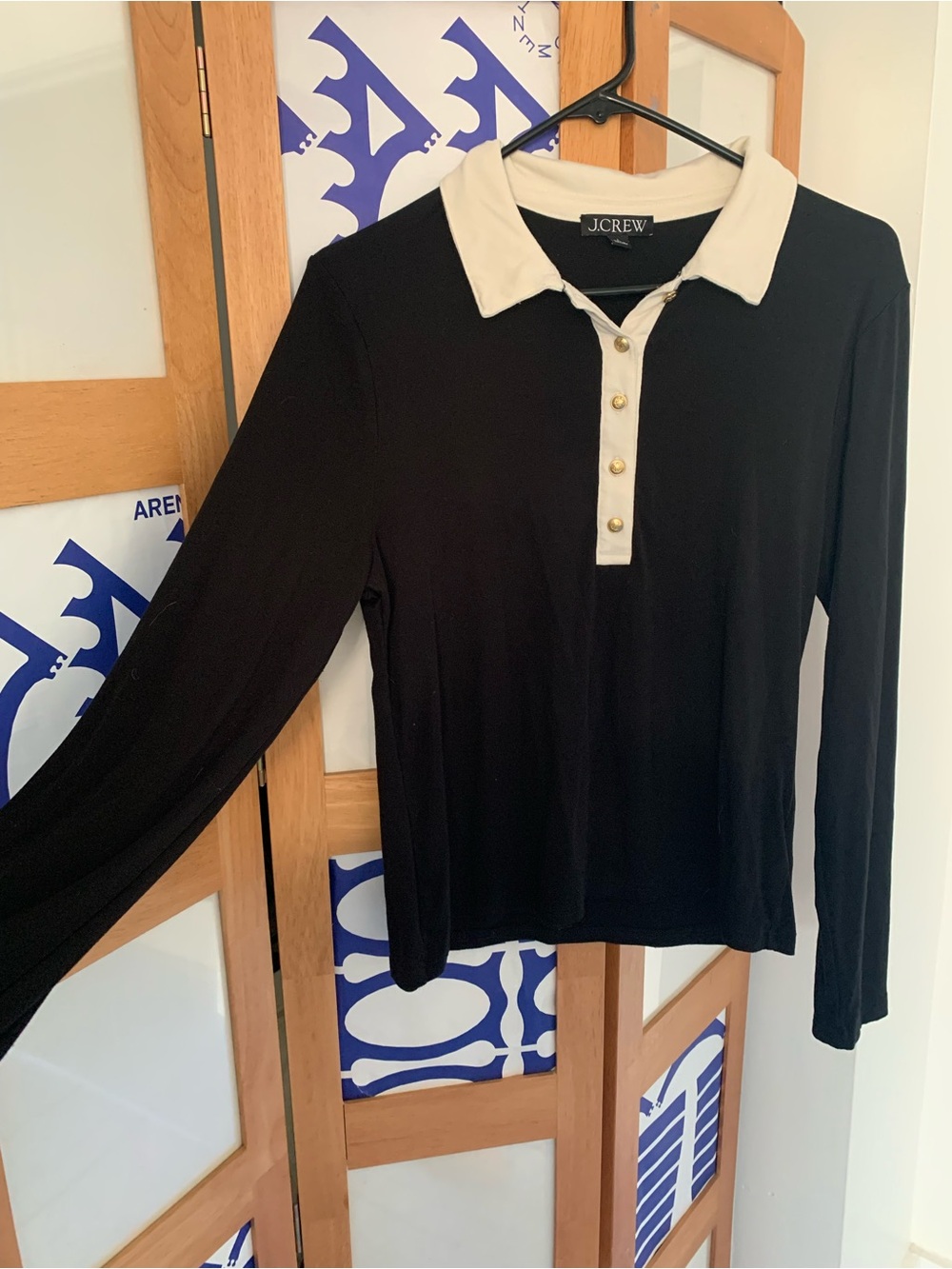 J. Crew Black Long-Sleeve Polo Top with Cream Collar